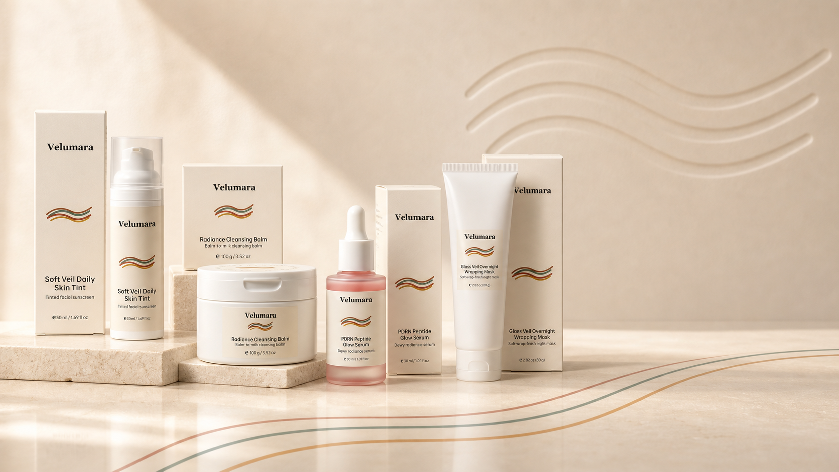 Velumara skincare products on a cream counter