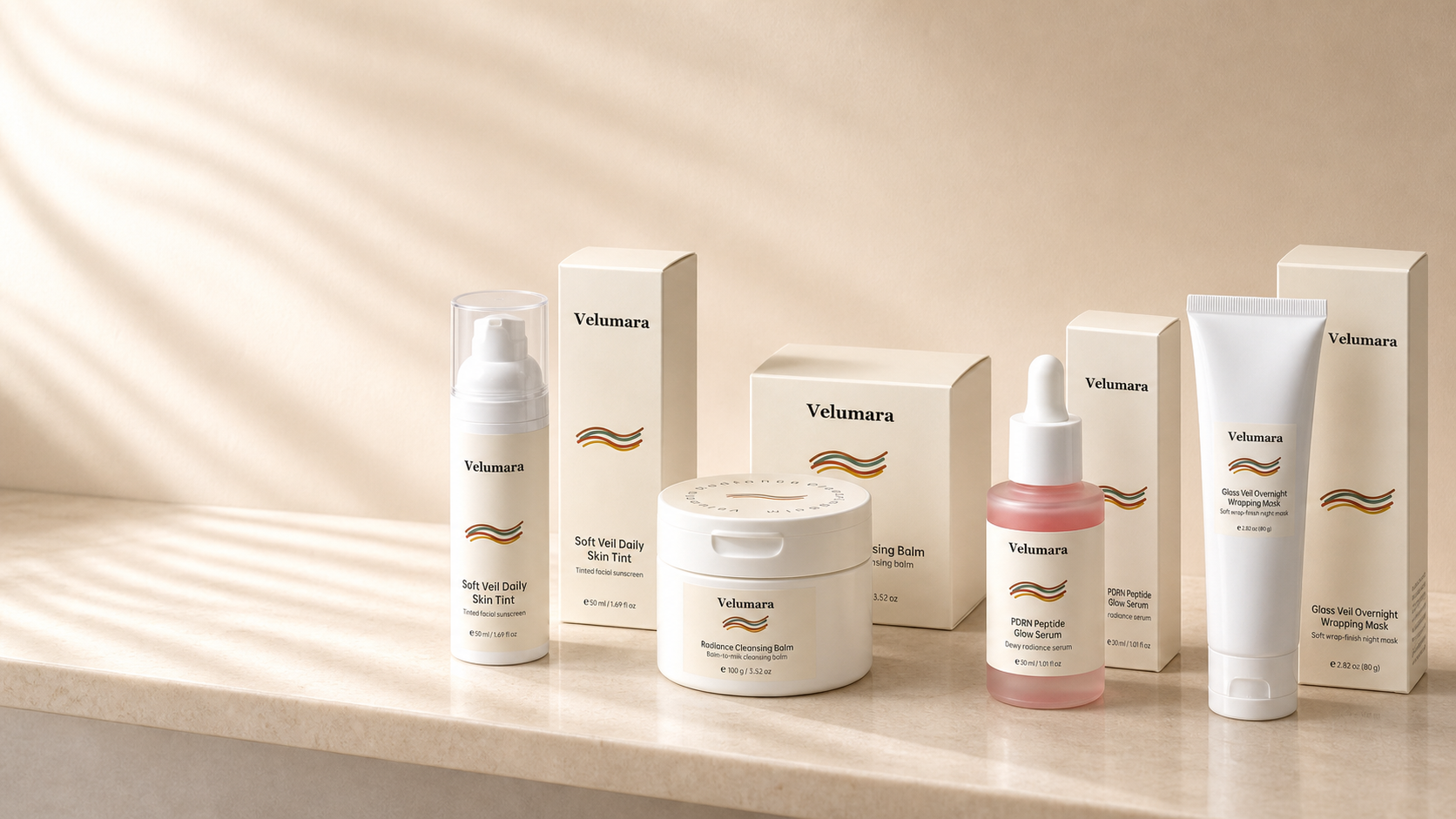 Velumara collection shelf scene generated from the final product packshots