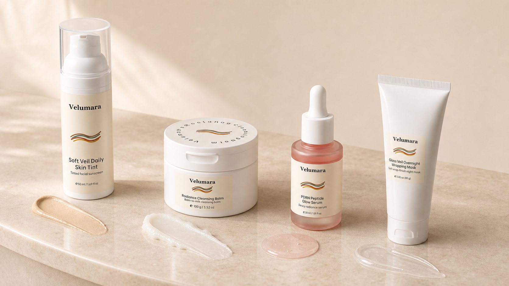 Velumara focused four-product ritual scene generated from final packshots