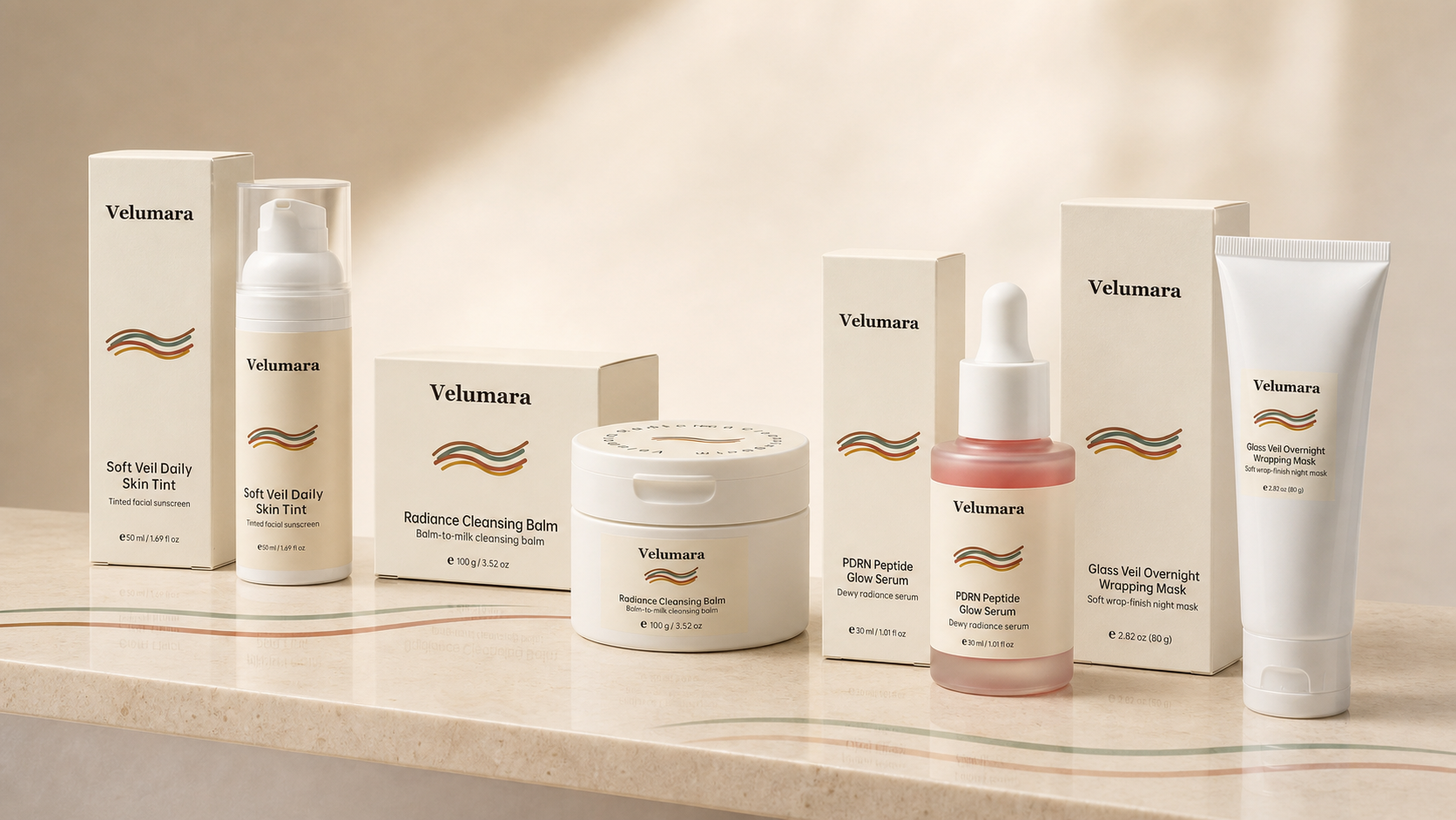 Velumara four-product skincare ritual on a cream counter