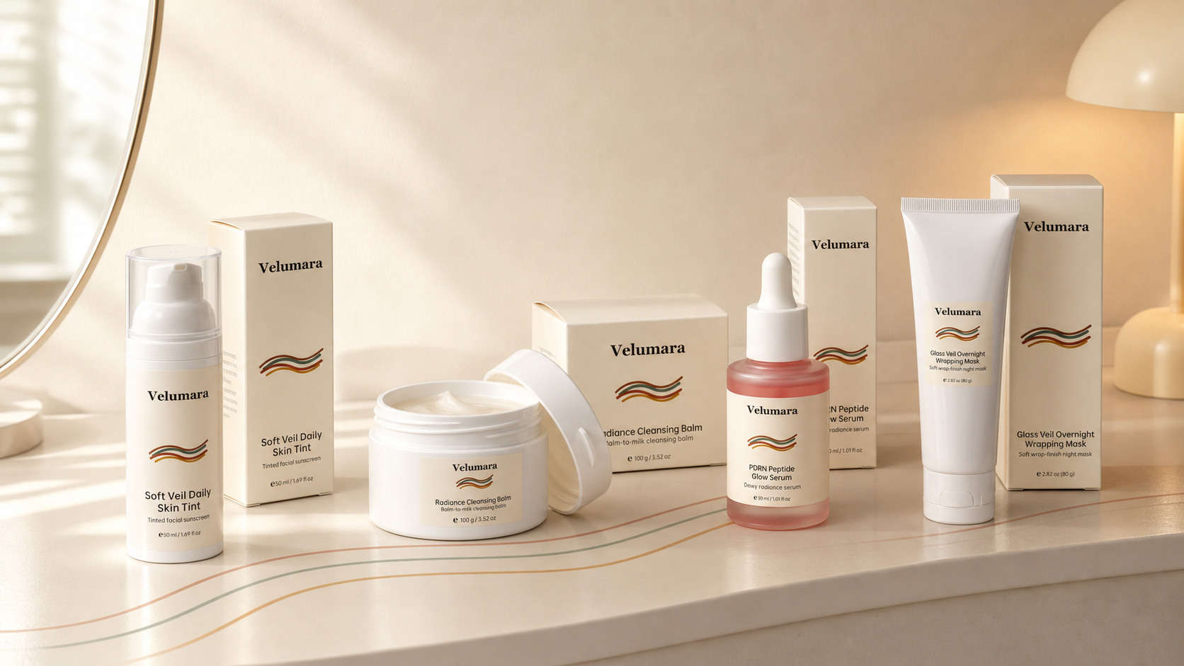 Velumara skincare products arranged on a warm cream counter